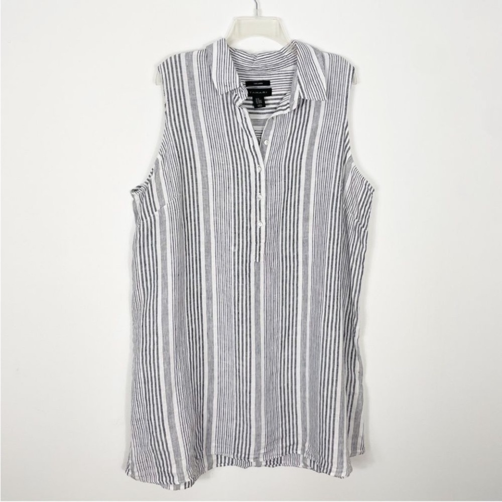 Tahari Womens Shift Dress Gray White Stripe Button Sleeveless 100% Linen Plus 2X - Picture 1 of 6